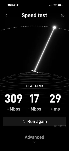 Starlink app speed test from a completed customer install reading 309 megabits down, 17 up and 29 milliseconds of latency.